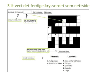 Slik vert det ferdige kryssordet som nettside 