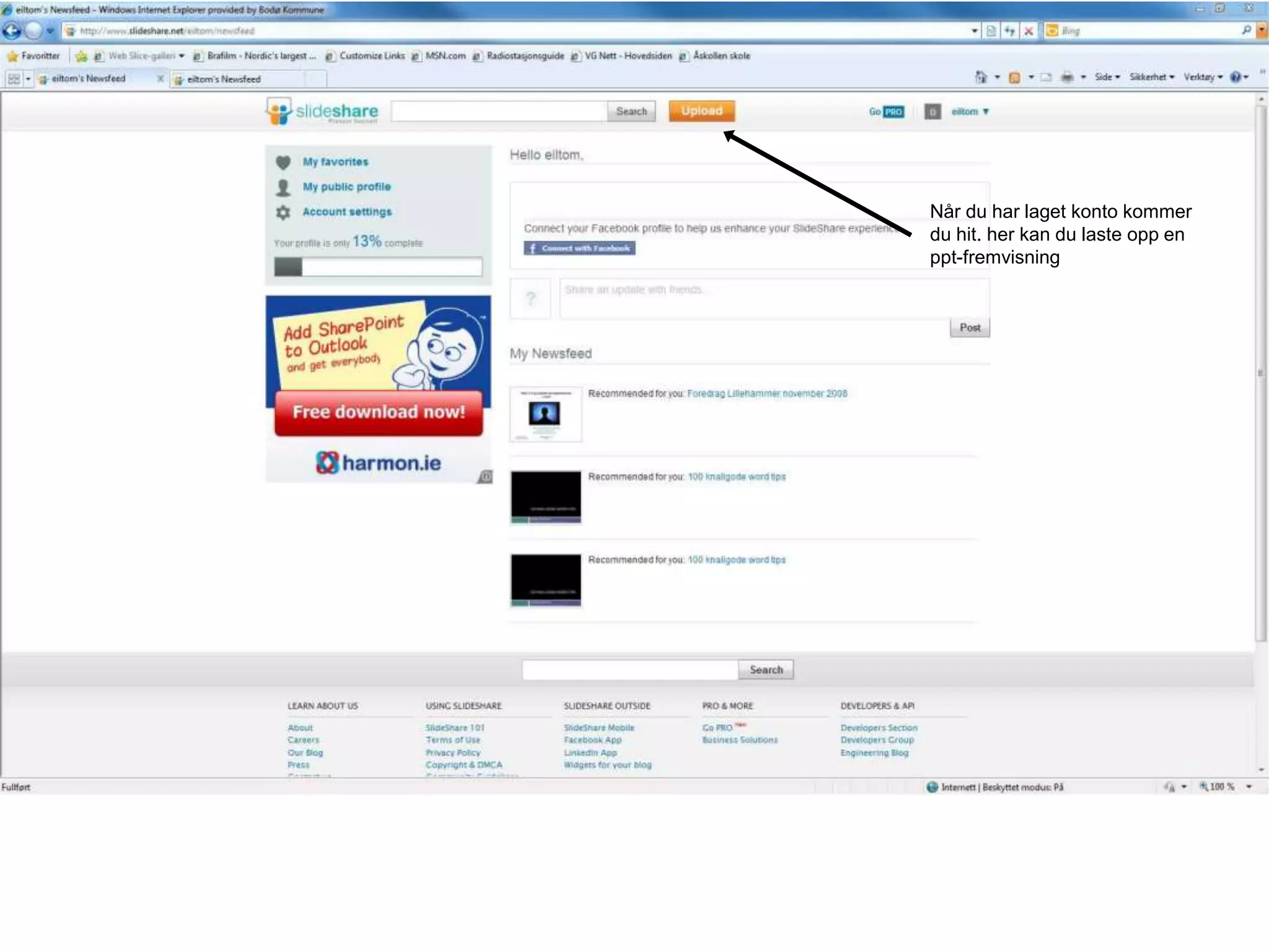 Når du har laget konto kommer
du hit. her kan du laste opp en
ppt-fremvisning
 