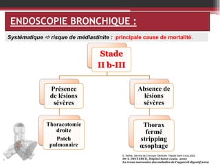 ENDOSCOPIE BRONCHIQUE :
Systématique  risque de médiastinite : principale cause de mortalité.

Stade
II b-III
Présence
de lésions
sévères

Absence de
lésions
sévères

Thoracotomie
droite
Patch
pulmonaire

Thorax
fermé
stripping
œsophage
E. Sarfati, Service de Chirurgie Générale, Hôpital Saint-Louis,2002

Dr A. DECLERCK, Hôpital Saint-Louis, 2005
La revue marocaine des maladies de l’appareil digestif 2009

 