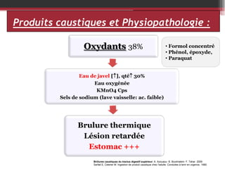 Produits caustiques et Physiopathologie :
Oxydants 38%

• Formol concentré
• Phénol, époxyde,
• Paraquat

Eau de javel [], qté 30%
Eau oxygénée
KMnO4 Cps
Sels de sodium (lave vaisselle: ac. faible)

Brulure thermique
Lésion retardée
Estomac +++
Brûlures caustiques du tractus digestif supérieur: A. Azouaou- B. Boukhatem- F. Tahar 2009
Sarfati E, Celerier M. Ingestion de produit caustique chez l'adulte. Conduites à tenir en urgence, 1990.

 