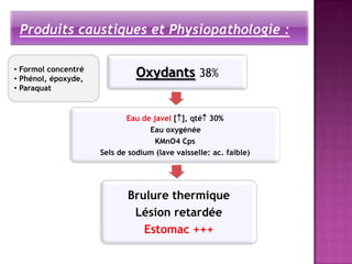 Produits caustiques et Physiopathologie :

• Formol concentré
• Phénol, époxyde,
                               Oxydants 38%
• Paraquat


                            Eau de javel [], qté 30%
                                  Eau oxygénée
                                    KMnO4 Cps
                     Sels de sodium (lave vaisselle: ac. faible)




                            Brulure thermique
                             Lésion retardée
                               Estomac +++
 