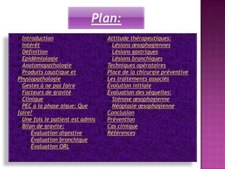 Plan:
Introduction                    Attitude thérapeutiques:
Intérêt                           Lésions œsophagiennes
Définition                        Lésions gastriques
Epidémiologie                     Lésions bronchiques
Anatomopathologie               Techniques opératoires
Produits caustique et           Place de la chirurgie préventive
Physiopathologie                 Les traitements associés
Gestes à ne pas faire           Évolution initiale
Facteurs de gravité             Évaluation des séquelles:
Clinique                          Sténose œsophagienne
PEC à la phase aigue: Que         Néoplasie œsophagienne
faire?                           Conclusion
Une fois le patient est admis   Prévention
Bilan de gravite:               Cas clinique
     Évaluation digestive       Références
     Évaluation bronchique
     Évaluation ORL
 