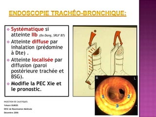  Systématique si                   Stade I : destruction
    atteinte IIb (Do Dang, SRLF 87)   superficielle de la
   Atteinte diffuse par              Muqueuse
    inhalation (prédomine
    à Dte) .                          Stade II : destruction
   Atteinte localisée par            profonde de la muqueuse
    diffusion (paroi
    postérieure trachée et            Stades III et IV :
    BSG).
                                      destruction des couches
   Modifie la PEC Xie et
                                      sous muqueuses +/-
    le pronostic.
                                      étendues.
INGESTION DE CAUSTIQUES
                                                Brûlures caustiques de l'œsophage Sfar 96
Yohann DUBOIS                                   F Mourey, L Martin, L Jacob
DESC de Réanimation Médicale                    Service d'anesthésie-réanimation chirurgicale,
                                                hôpital Saint-Louis, 75175 Paris cedex 10
Décembre 2006
 