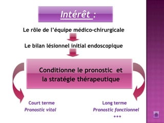 Intérêt :
Le rôle de l’équipe médico-chirurgicale

Le bilan lésionnel initial endoscopique



      Conditionne le pronostic et
       la stratégie thérapeutique


  Court terme                  Long terme
Pronostic vital            Pronostic fonctionnel
                                    +++
 