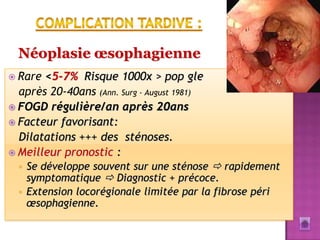 Néoplasie œsophagienne
 Rare <5-7% Risque 1000x > pop gle
  après 20-40ans (Ann. Surg - August 1981)
 FOGD régulière/an après 20ans
 Facteur favorisant:
  Dilatations +++ des sténoses.
 Meilleur pronostic :
     Se développe souvent sur une sténose  rapidement
      symptomatique  Diagnostic + précoce.
     Extension locorégionale limitée par la fibrose péri
      œsophagienne.
 