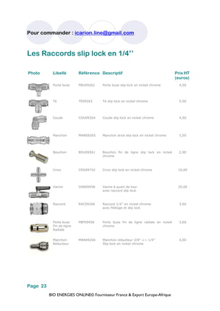 BIO ENERGIES ONLINE© Fournisseur France & Export Europe-Afrique
Pour commander : icarion.line@gmail.com
Page 23
Photo Libellé Référence Descriptif Prix HT
(euros)
Porte buse PBU09262 Porte buse slip lock en nickel chrome 4,50
Té TE09263 Té slip lock en nickel chrome 5,50
Coude COU09264 Coude slip lock en nickel chrome 4,50
Manchon MAN09265 Manchon droit slip lock en nickel chrome 3,50
Bouchon BOU09261 Bouchon fin de ligne slip lock en nickel
chrome
2,90
Croix CRO09742 Croix slip lock en nickel chrome 10,00
Vanne VAN09458 Vanne à quart de tour
avec raccord slip lock
20,00
Raccord RAC09266 Raccord 1/4’’ en nickel chrome
avec filetage et slip lock
3,60
Porte buse
Fin de ligne
Radiale
PBF09458 Porte buse fin de ligne radiale en nickel
chrome
3,60
Manchon
Réducteur
MAN09266 Manchon réducteur 3/8’’ => 1/4’’
Slip lock en nickel chrome
4,00
Les Raccords slip lock en 1/4’’
 
