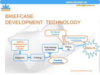 Training  Setting objectives and expected results Post training workshops  RESULTS   Follow up Practical homeworks On the job training Developing internal mentorship BRIEFCASE  DEVELOPMENT  TECHNOLOGY Diagnosis  Powered by BRUMM Consult 