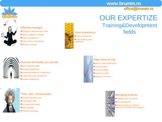 Effective manager Managerial roles and basic skills Decide, delegate, motivate! Project management Time & stress management Effective meetings OUR EXPERTIZE  Training&Development fields Discover the leader you can be! Basic leadership skills Situational leadership Emotional intelligence in leadership Conflict and crisis management Change management Think, feel, communicate! Interpersonal basic skills Presentation skills Persuasion techniques Body language Telephone speaking Team experience Team management Team building, team experience Sales force on top Steps to sales performance Emotional sales Customer delight Supervisory skills Negotiation for sales Managing finances Budgeting and cost control Risk management Understanding your finances (finances for nonfinancial managers) 