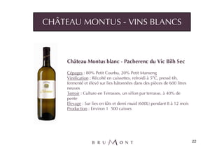 CHÂTEAU MONTUS - VINS BLANCS



    Château Montus blanc - Pacherenc du Vic Bilh Sec

    Cépages : 80% Petit Courbu, 20% Petit Manseng
    Vinification : Récolté en caissettes, refroidi à 5°C, pressé 6h,
    fermenté et élevé sur lies bâtonnées dans des pièces de 600 litres
    neuves
    Terroir : Culture en Terrasses, un sillon par terrasse, à 40% de
    pente
    Elevage : Sur lies en fûts et demi muid (600L) pendant 8 à 12 mois
    Production : Environ 1 500 caisses




                                                                         22
 