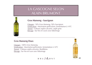 LA GASCOGNE SELON
                    ALAIN BRUMONT
                  Gros Manseng - Sauvignon
                  Cépages : 50% Gros Manseng, 50% Sauvignon
                  Vinification : Macération pelliculaire, fermentation à 14°C
                  Terroir : Coteaux argilo-calcaires, argile grise
                  Elevage : Sur lies en cuves avec bâtonnage




Gros Manseng Doux
Cépages : 100% Gros Manseng
Vinification : Macération pelliculaire, fermentation à 14°C
Terroir : Coteaux argilo-calcaires, Boulbènes
Elevage : Sur lies en cuve avec bâtonnage


                                                                                28
 