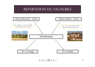 REPARTITION DU VIGNOBLE

  Château Bouscassé – 120 ha                       Château Montus – 110 ha


Sols: Argileux et veine de grebb,                     Sols: Terrasses de galets, fortes
  intercalés de petits cailloux                        pentes, moraines glaciaires




                                    230 Hectares




              87 % en rouge                           13 % en blanc



                                                                                          9
 