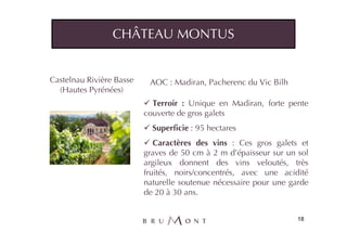 CHÂTEAU MONTUS


Castelnau Rivière Basse    AOC : Madiran, Pacherenc du Vic Bilh
  (Hautes Pyrénées)
                            Terroir : Unique en Madiran, forte pente
                          couverte de gros galets
                            Superficie : 95 hectares
                             Caractères des vins : Ces gros galets et
                          graves de 50 cm à 2 m d’épaisseur sur un sol
                          argileux donnent des vins veloutés, très
                          fruités, noirs/concentrés, avec une acidité
                          naturelle soutenue nécessaire pour une garde
                          de 20 à 30 ans.


                                                                   18
 