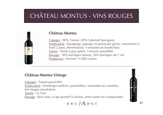CHÂTEAU MONTUS - VINS ROUGES

                  Château Montus
                  Cépages : 80% Tannat, 20% Cabernet Sauvignon
                  Vinification : Égrappage, pigeage, tri grains par grains, macération à
                  froid 2 jours, fermentation 3 semaines en foudre bois
                  Terroir : Pente à gros galets, 3 terroirs assemblés
                  Elevage : 50% barriques neuves, 50% barriques de 1 vin
                  Production : Environ 15 000 caisses




Château Montus Vintage
Cépages : Tannat passerillés
Vinification : Vendanges tardives, passerillées, ramassées en caissettes,
très longue macération
Terroir : La Tyre
Elevage : Bois neuf, ce qui permet la liaison ,entre toutes les composantes
                                                                                           21
 