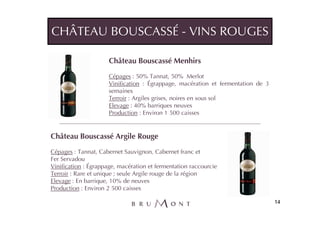 CHÂTEAU BOUSCASSÉ - VINS ROUGES

                      Château Bouscassé Menhirs
                      Cépages : 50% Tannat, 50% Merlot
                      Vinification : Égrappage, macération et fermentation de 3
                      semaines
                      Terroir : Argiles grises, noires en sous sol
                      Elevage : 40% barriques neuves
                      Production : Environ 1 500 caisses


Château Bouscassé Argile Rouge
Cépages : Tannat, Cabernet Sauvignon, Cabernet franc et
Fer Servadou
Vinification : Égrappage, macération et fermentation raccourcie
Terroir : Rare et unique ; seule Argile rouge de la région
Elevage : En barrique, 10% de neuves
Production : Environ 2 500 caisses

                                                                                  14
 