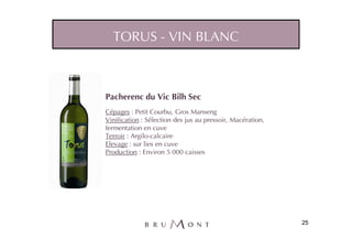 TORUS - VIN BLANC



Pacherenc du Vic Bilh Sec
Cépages : Petit Courbu, Gros Manseng
Vinification : Sélection des jus au pressoir, Macération,
fermentation en cuve
Terroir : Argilo-calcaire
Elevage : sur lies en cuve
Production : Environ 5 000 caisses




                                                            25
 