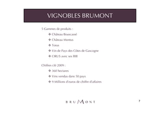 VIGNOBLES BRUMONT

5 Gammes de produits :
        Château Bouscassé
        Château Montus
        Torus
        Vin de Pays des Côtes de Gascogne
        CIRUS avec ses BIB


Chiffres clé 2009 :
        360 hectares
        Vins vendus dans 50 pays
        9 Millions d’euros de chiffre d’affaires




                                                   7
 