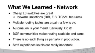 26
What We Learned - Network
● Cheap L3 switches are great
○ beware limitations (RIB, FIB, TCAM, features)
● Multiple routing tables are a pain; a few is ok.
● Automation is your friend. Seriously. Do it!
● BGP communities make routing scalable and sane.
● There is no such thing as partially in production.
● Staff experience levels are really important.
 