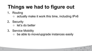 9
Things we had to figure out
1. Routing
○ actually make it work this time, including IPv6
2. Security
○ let’s do better
3. Service Mobility
○ be able to move/upgrade instances easily
 