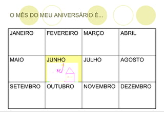 O MÊS DO MEU ANIVERSÁRIO É... DEZEMBRO NOVEMBRO OUTUBRO SETEMBRO AGOSTO JULHO JUNHO MAIO ABRIL MARÇO FEVEREIRO JANEIRO 