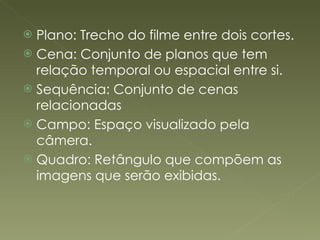 Plano: Trecho do filme entre dois cortes. Cena: Conjunto de planos que tem relação temporal ou espacial entre si.  Sequência: Conjunto de cenas relacionadas  Campo: Espaço visualizado pela câmera.  Quadro: Retângulo que compõem as imagens que serão exibidas. 