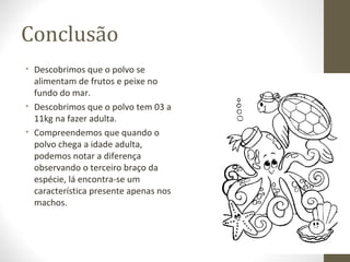 Conclusão
• Descobrimos que o polvo se
  alimentam de frutos e peixe no
  fundo do mar.
• Descobrimos que o polvo tem 03 a
  11kg na fazer adulta.
• Compreendemos que quando o
  polvo chega a idade adulta,
  podemos notar a diferença
  observando o terceiro braço da
  espécie, lá encontra-se um
  característica presente apenas nos
  machos.
 