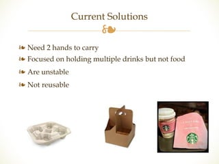 Current Solutions 
❧ 
❧ Need 2 hands to carry 
❧ Focused on holding multiple drinks but not food 
❧ Are unstable 
❧ Not reusable 
 