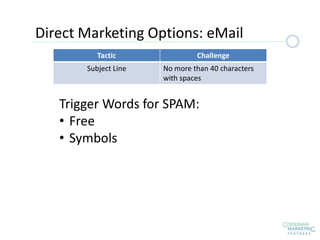 Tactic Challenge
Subject Line No more than 40 characters
with spaces
Trigger Words for SPAM:
• Free
• Symbols
Direct Marketing Options: eMail
 