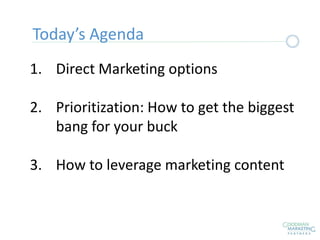 1. Direct Marketing options
2. Prioritization: How to get the biggest
bang for your buck
3. How to leverage marketing content
Today’s Agenda
 