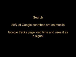 Search
20% of Google searches are on mobile
Google tracks page load time and uses it as
a signal
 
