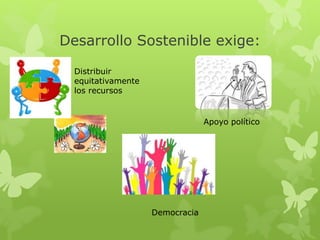 Desarrollo Sostenible exige:
Distribuir
equitativamente
los recursos
Apoyo político
Democracia
 