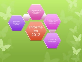 Informe
en
2012
Después de 25
años sigue
vigente
Consideraciones
siguen sin
resolverse
Se carece de
solidaridad
Estamos a
tiempo de
actuar
 