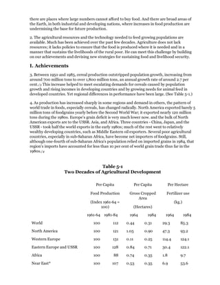 there are places where large numbers cannot afford to buy food. And there are broad areas of
the Earth, in both industrial and developing nations, where increases in food production are
undermining the base for future production.

2. The agricultural resources and the technology needed to feed growing populations are
available. Much has been achieved over the past few decades. Agriculture does not lack
resources; it lacks policies to ensure that the food is produced where it is needed and in a
manner that sustains the livelihoods of the rural poor. He can meet this challenge by building
on our achievements and devising new strategies for sustaining food and livelihood security.

I. Achievements
3. Between 1950 and 1985, cereal production outstripped population growth, increasing from
around 700 million tons to over 1,800 million tons, an annual growth rate of around 2.7 per
cent./3 This increase helped to meet escalating demands for cereals caused by population
growth and rising incomes in developing countries and by growing needs for animal feed in
developed countries. Yet regional differences in performance have been large. (See Table 5-1.)

4. As production has increased sharply in some regions and demand in others, the pattern of
world trade in foods, especially cereals, has changed radically. North America exported barely 5
million tons of foodgrains yearly before the Second World War; it exported nearly 120 million
tons during the 1980s. Europe's grain deficit is very much lower now. and the bulk of North
American exports are to the USSR. Asia, and Africa. Three countries - China, Japan, and the
USSR - took half the world exports in the early 1980s; much of the rest went to relatively
wealthy developing countries, such as Middle Eastern oil exporters. Several poor agricultural
countries, especially in sub-Saharan Africa, have become net importers of foodgrains. Still,
although one-fourth of sub-Saharan Africa's population relied on imported grains in 1984, that
region's imports have accounted for less than 10 per cent of world grain trade thus far in the
1980s./4


                                   Table 5-1
                    Two Decades of Agricultural Development

                                      Per Capita               Per Capita          Per Hectare

                                   Food Production        Gross Cropped        Fertilizer use
                                                              Area
                                   (Index 1961-64 =                                   (kg.)
                                        100)                   (Hectares)

                                 1961-64 1981-84          1964        1984     1964           1984

 World                               100        112     0.44        0.31     29.3        85.3

 North America                       100        121     1.05        0.90     47.3        93.2

 Western Europe                      100        131     0.11        0.25     114.4       124.1

 Eastern Europe and USSR            100        128      0.84        0.71     30.4        122.1

 Africa                              100        88      0.74        0.35     1.8         9.7

 Near East*                          100       107      0.53        0.35     6.9         53.6
 