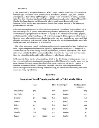 resident./3

5. The population of many of sub-Saharan Africa's larger cities increased more than sevenfold
between 1950 and 1980 Nairobi, Dar es Salaam, Nouakchott, Lusaka, Lagos, and Kinshasa
among them./4 (See Table 9-2.) During these same 30 years, populations in many Asian and
Latin American cities (such as Seoul, Baghdad, Dhaka, Amman, Bombay, Jakarta, Mexico City,
Manila, Sao Paulo, Bogota, and Managua) tripled or quadrupled. In such cities, net
immigration has usually been a greater contributor than natural increase to the population
growth of recent decades.

6. In many developing countries, cities have thus grown far beyond anything imagined only a
few decades ago and at speeds without historic precedent. (See Box 9-1.) But some experts
doubt that developing nations will urbanize as rapidly in the future as in the last 10-40 years,
or that megacities will grow as large as UN projections suggest. Their argument is that many of
the most powerful stimuli to rapid urbanization in the past have less influence today, and that
changing government policies could reduce the comparative attractiveness of cities, especially
the largest cities, and slow rates or urbanization.

7. The urban population growth rate in developing countries as a whole has been slowing down
from 5.2 per cent per annum in the late 1950s to 3.4 per cent in the 1950s./5 It is expected to
decline even further in the coming decades. Nevertheless, if current trends hold. Third World
cities could add a further three-quarters of a billion people by the year 2000. Over the same
time, the cities of the industrial world would grow by a further 111 million./6

8. These projections put the urban challenge firmly in the developing countries, in the space of
just 15 years (or about 5,500 days), the developing world will have to increase by 65 per cent its
capacity to produce and manage its urban infrastructure, services, and shelter - merely to
maintain present conditions. And in many countries, this must be accomplished under
conditions of great economic hardship and uncertainty, with resources diminishing relative to
needs and rising expectations.

                                          Table 9-2

         Examples of Rapid Population Growth in Third World Cities

                         1950                      Most Recent Figure          UN Projections
                                                                                 for 2000

 Mexico City             3.05                      16.0          (1982)                     22.3

 Sao Paulo               2.7                       12.6          (1980)                     24.0

 Bombay                  3.0          (1951)       8.2           (1981)                     16.0

 Jakarta                 1.45                      6.2           (1977)                      12.8

 Cairo                   2.5                       8.5           (1979)                      13.2

 Delhi                   1.4          (1951)       5.8           (1981)                       9.6

 Manila                  1.78                      5.5           (1980)                      11.1

 Lagos                   0.27         (1952)       4.0           (1980)                      8.3
 