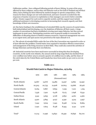 Californian sardine - have collapsed following periods of heavy fishing. In some of the areas
affected by these collapses, and in other rich fisheries such as the Gulf of Thailand and off West
Africa, heavy fishing has been followed by marked changes in species composition./8 The
reasons for these changes are not well understood, and more research is needed into the
responses of marine resources to exploitation so that managers can receive better scientific
advice. Greater support for such work is urgently needed, and this support must include
additional assistance to developing countries in increasing their research capacity and their
knowledge of their own resources.

26. One factor leading to the establishment of extended EEZs was the concern of coastal states,
both industrialized and developing, over the depletion of fisheries off their coasts. A large
number of conventions had been established covering most major fisheries, but they proved
inadequate in most cases. Participating countries were in general unable to overcome the
difficulties of allocating shares to limited common resources. Improved management was seen
as an urgent need, and open access was perceived as the main obstacle to it.

27. The advent of extended EEZs under the Law of the Sea Convention was expected to solve or
at least alleviate the problem. Coastal states were required to introduce effective conservation
and management of the living resources in their EEZs. They could also control the activities of
foreign fishermen and develop their own fisheries.

28. Industrial countries have been much more successful in doing this than developing
countries. In the north-west Atlantic, the annual catch by long-range fleets has declined from
over 2 million tons before 1974 to around a quarter of a million tons in 1983, and the share of
the catch taken by the United States and Canada has risen from under 50 per cent to over 90
per cent.

                                          Table 10-1

                    World Fish Catch in Major Fisheries, 1979-84

                              1979        1980         1981        1982         1983        1984

 Region                                                 (thousand tons)

 North Atlantic             14,667      14,676       14,489       13,597       13,891     13,940

 North Pacific              20,303      20,733      21,908       22,603       23,666      26,416

 Central Atlantic            6,064       6,867        6,833        7,239       7,210        1,164

 Central Pacific             7,536       7,910        6,478        8,175       7,648       8,531

 Indian Ocean                 3,541      3,693        3,728       3,852        4,061       4,362

 South Atlantic              4,420       3,895        4,037       4,340         4,314      3,957

 South Pacific               7,242       6,619        7,240       8,328        6,724       8,684

 Inland                      7,240       7,603        8,138       8,455         9,131      9,716



 Total*                      71,014     71,996      74,850       76,590       76,846      82,770
 