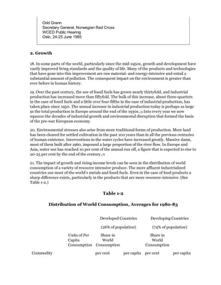 Odd Grann
       Secretary General, Norwegian Red Cross
       WCED Public Hearing
       Oslo, 24-25 June 1985



2. Growth

18. In some parts of the world, particularly since the mid-1950s, growth and development have
vastly improved living standards and the quality of life. Many of the products and technologies
that have gone into this improvement are raw material- and energy-intensive and entail a
substantial amount of pollution. The consequent impact on the environment is greater than
ever before in human history.

19. Over the past century, the use of fossil fuels has grown nearly thirtyfold, and industrial
production has increased move than fiftyfold. The bulk of this increase, about three-quarters
in the case of fossil fuels and a little over four-fifths in the case of industrial production, has
taken place since 1950. The annual increase in industrial production today is perhaps as large
as the total production in Europe around the end of the 1930s./5 Into every year we now
squeeze the decades of industrial growth and environmental disruption that formed the basis
of the pre-war European economy.

20. Environmental stresses also arise from more traditional forms of production. More land
has been cleared for settled cultivation in the past 100 years than in all the previous centuries
of human existence. Interventions in the water cycles have increased greatly. Massive dams,
most of them built after 1960, impound a large proportion of the river flow. In Europe and
Asia, water use has reached 10 per cent of the annual run off, a figure that is expected to rise to
20-25 per cent by the end of the century./6

21. The impact of growth and rising income levels can be seen in the distribution of world
consumption of a variety of resource intensive produce. The more affluent industrialized
countries use most of the world's metals and fossil fuels. Even in the case of food products a
sharp difference exists, particularly in the products that are more resource-intensive. (See
Table 1-2.)

                                            Table 1-2

           Distribution of World Consumption, Averages for 1980-83


                                          Developed Countries           Developing Countries

                                          (26% of population)            (74% of population)

                       Units of Per  Share in                          Share in
                       Capita         World                             World
                       Consumption Consumption                       Consumption

 Commodity                             per cent         per capita per cent           per capita
 