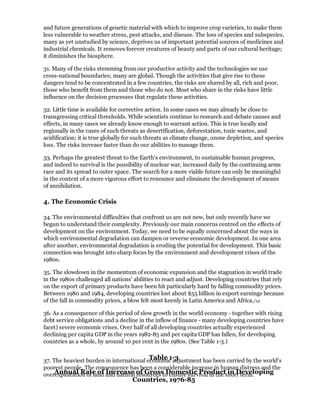 and future generations of genetic material with which to improve crop varieties, to make them
less vulnerable to weather stress, pest attacks, and disease. The loss of species and subspecies,
many as yet unstudied by science, deprives us of important potential sources of medicines and
industrial chemicals. It removes forever creatures of beauty and parts of our cultural heritage;
it diminishes the biosphere.

31. Many of the risks stemming from our productive activity and the technologies we use
cross-national boundaries; many are global. Though the activities that give rise to these
dangers tend to be concentrated in a few countries, the risks are shared by all, rich and poor,
those who benefit from them and those who do not. Most who share in the risks have little
influence on the decision processes that regulate these activities.

32. Little time is available for corrective action. In some cases we may already be close to
transgressing critical thresholds. While scientists continue to research and debate causes and
effects, in many cases we already know enough to warrant action. This is true locally and
regionally in the cases of such threats as desertification, deforestation, toxic wastes, and
acidification; it is true globally for such threats as climate change, ozone depletion, and species
loss. The risks increase faster than do our abilities to manage them.

33. Perhaps the greatest threat to the Earth's environment, to sustainable human progress,
and indeed to survival is the possibility of nuclear war, increased daily by the continuing arms
race and its spread to outer space. The search for a more viable future can only be meaningful
in the context of a more vigorous effort to renounce and eliminate the development of means
of annihilation.

4. The Economic Crisis

34. The environmental difficulties that confront us are not new, but only recently have we
begun to understand their complexity. Previously our main concerns centred on the effects of
development on the environment. Today, we need to be equally concerned about the ways in
which environmental degradation can dampen or reverse economic development. In one area
after another, environmental degradation is eroding the potential for development. This basic
connection was brought into sharp focus by the environment and development crises of the
1980s.

35. The slowdown in the momentum of economic expansion and the stagnation in world trade
in the 1980s challenged all nations' abilities to react and adjust. Developing countries that rely
on the export of primary products have been hit particularly hard by falling commodity prices.
Between 1980 and 1984, developing countries lost about $55 billion in export earnings because
of the fall in commodity prices, a blow felt most keenly in Latin America and Africa./12

36. As a consequence of this period of slow growth in the world economy - together with rising
debt service obligations and a decline in the inflow of finance - many developing countries have
facet) severe economic crises. Over half of all developing countries actually experienced
declining per capita GDP in the years 1982-85 and per capita GDP has fallen, for developing
countries as a whole, by around 10 per cent in the 1980s. (See Table 1-3.)

                                          Table 1-3
37. The heaviest burden in international economic adjustment has been carried by the world's
poorest people. The consequence has been a considerable increase in human distress and the
overexploitation of land and natural of Gross Domestic Productshort term.
     Annual Rate of Increase resources to ensure survival in the in Developing
                                    Countries, 1976-85
 