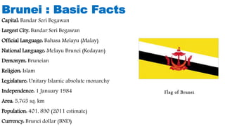 Brunei : Basic Facts
Capital: Bandar Seri Begawan
Largest City: Bandar Seri Begawan
Official Language: Bahasa Melayu (Malay)
National Language: Melayu Brunei (Kedayan)
Demonym: Bruneian
Religion: Islam
Legislature: Unitary Islamic absolute monarchy
Independence: 1 January 1984
Area: 5,765 sq. km
Population: 401, 890 (2011 estimate)
Currency: Brunei dollar (BND)
 