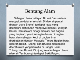 Bentang Alam
Sebagian besar wilayah Brunei Darussalam
merupakan dataran rendah. Di daerah pantai
(bagian utara Brunei) terdapat rawa yang
ditumbuhi oleh hutan mangrove (bakau). Wilayah
Brunei Darussalam dibagi menjadi dua bagian
yang terpisah, yakni sebagian besar di bagian
barat dan sebagian kecil di bagian timur
(berbatasan dengan Malaysia Timur). Bagian barat
(daerah Belait, Tutong, dan Brunei) merupakan
daerah rawa yang berakhir di Sungai Belait,
Tutong, dan Brunei. Di ujung selatan bagian timur
(daerah Temburong) terdapat Bukit Pagon.
 