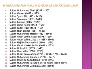 1. Sultan Muhammad Shah (1383 - 1402)
2. Sultan Ahmad (1408 - 1425)
3. Sultan Syarif Ali (1425 - 1432)
4. Sultan Sulaiman (1432 - 1485)
5. Sultan Bolkiah (1485 - 1524)
6. Sultan Abdul Kahar (1524 - 1530)
7. Sultan Saiful Rizal (1533 - 1581)
8. Sultan Shah Brunei (1581 - 1582)
9. Sultan Muhammad Hasan (1582 - 1598)
10. Sultan Abdul Jalilul Akbar (1598 - 1659)
11. Sultan Abdul Jalilul Jabbar (1669 - 1660)
12. Sultan Haji Muhammad Ali (1660 - 1661)
13. Sultan Abdul Hakkul Mubin (1661 - 1673)
14. Sultan Muhyiddin (1673 - 1690)
15. Sultan Nasruddin (1690 - 1710)
16. Sultan Husin Kamaluddin (1710 - 1730) (1737 - 1740)
17. Sultan Muhammad Alauddin (1730 - 1737)
18. Sultan Omar Ali Saifuddien I (1740-1795)
19. Sultan Muhammad Tajuddin (1795-1804) (1804-1807)
20. Sultan Muhammad Jamalul Alam I (1804)
 