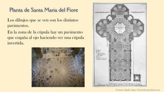 Planta de Santa Maria del Fiore
Los dibujos que se ven son los distintos
pavimentos.
En la zona de la cúpula hay un pavimento
que engaña al ojo haciendo ver una cúpula
invertida.
Carmen Águila, https://hortushesperidum.com
 
