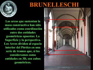 BRUNELLESCHI Los arcos que sustentan la masa constructiva han sido utilizados como coordinación entre dos entidades geométricas opuestas: La Superficie y la perspectiva. Los Arcos dividen al espacio interior del Pórtico en una serie de tramos que, si los consideramos como entidades en 3D, son cubos geométricos. 