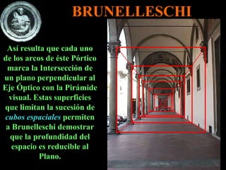 BRUNELLESCHI Así resulta que cada uno de los arcos de éste Pórtico marca la Intersección de un plano perpendicular al Eje Óptico con la Pirámide visual. Estas superficies que limitan la sucesión de  cubos espaciales  permiten a Brunelleschi demostrar que la profundidad del espacio es reducible al Plano. 
