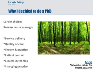 Why I decided to do a PhD
Career choice:
Researcher or manager
Service delivery
Quality of care
Theory & practice
Patient contact
Clinical Outcomes
Changing practise
 