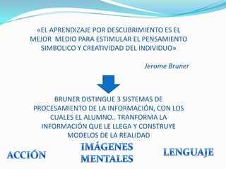 «EL APRENDIZAJE POR DESCUBRIMIENTO ES EL
MEJOR MEDIO PARA ESTIMULAR EL PENSAMIENTO
  SIMBOLICO Y CREATIVIDAD DEL INDIVIDUO»

                             Jerome Bruner



      BRUNER DISTINGUE 3 SISTEMAS DE
PROCESAMIENTO DE LA INFORMACIÓN, CON LOS
     CUALES EL ALUMNO.. TRANFORMA LA
  INFORMACIÓN QUE LE LLEGA Y CONSTRUYE
         MODELOS DE LA REALIDAD
 