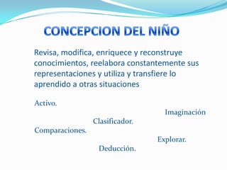 Revisa, modifica, enriquece y reconstruye
conocimientos, reelabora constantemente sus
representaciones y utiliza y transfiere lo
aprendido a otras situaciones

Activo.
                                   Imaginación
                 Clasificador.
Comparaciones.
                                 Explorar.
                  Deducción.
 