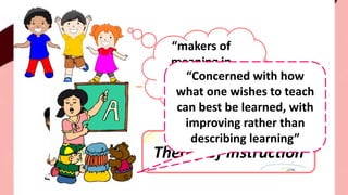 “makers of
meaning in
the ordinary
conduct”
Theory of Instruction=
“Concerned with how
what one wishes to teach
can best be learned, with
improving rather than
describing learning”
 