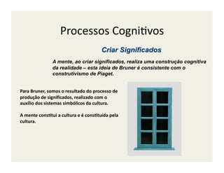 Processos	
  Cogni;vos	
  

                        A mente, ao criar significados, realiza uma construção cognitiva
                        da realidade – esta ideia de Bruner é consistente com o
                        construtivismo de Piaget.


Para	
  Bruner,	
  somos	
  o	
  resultado	
  do	
  processo	
  de	
  
produção	
  de	
  signiﬁcados,	
  realizado	
  com	
  o	
  
auxílio	
  dos	
  sistemas	
  simbólicos	
  da	
  cultura.	
  

A	
  mente	
  cons/tui	
  a	
  cultura	
  e	
  é	
  cons/tuída	
  pela	
  
cultura.	
  	
  
 