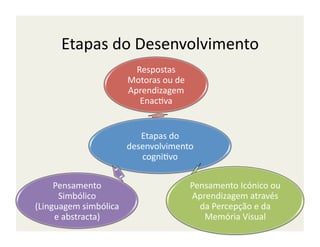 Etapas	
  do	
  Desenvolvimento	
  
                                Respostas	
  
                              Motoras	
  ou	
  de	
  
                              Aprendizagem	
  
                                 Enac;va	
  


                                 Etapas	
  do	
  
                              desenvolvimento	
  
                                 cogni;vo	
  


     Pensamento	
                                       Pensamento	
  Icónico	
  ou	
  
      Simbólico	
                                       Aprendizagem	
  através	
  
(Linguagem	
  simbólica	
                                 da	
  Percepção	
  e	
  da	
  
     e	
  abstracta)	
                                     Memória	
  Visual	
  
 