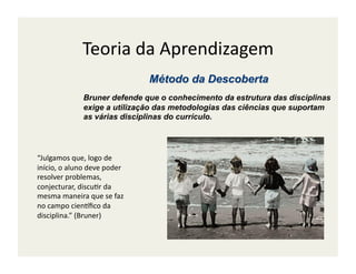 Teoria	
  da	
  Aprendizagem	
  

                     Bruner defende que o conhecimento da estrutura das disciplinas
                     exige a utilização das metodologias das ciências que suportam
                     as várias disciplinas do currículo.




“Julgamos	
  que,	
  logo	
  de	
  
início,	
  o	
  aluno	
  deve	
  poder	
  
resolver	
  problemas,	
  
conjecturar,	
  discu;r	
  da	
  
mesma	
  maneira	
  que	
  se	
  faz	
  
no	
  campo	
  cienRﬁco	
  da	
  
disciplina.”	
  (Bruner)	
  
 