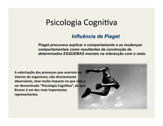 Psicologia	
  Cogni;va	
  

                       Piaget procurava explicar o comportamento e as mudanças
                       comportamentais como resultantes da construção de
                       determinados ESQUEMAS mentais na interacção com o meio.




A	
  valorização	
  dos	
  processos	
  que	
  ocorrem	
  no	
  
interior	
  do	
  organismo,	
  não	
  directamente	
  
observáveis,	
  teve	
  muito	
  impacto	
  no	
  que	
  viria	
  a	
  
ser	
  denominado	
  “Psicologia	
  Cogni/va”,	
  de	
  que	
  
Bruner	
  é	
  um	
  dos	
  mais	
  importantes	
  
representantes.	
  	
  
 
